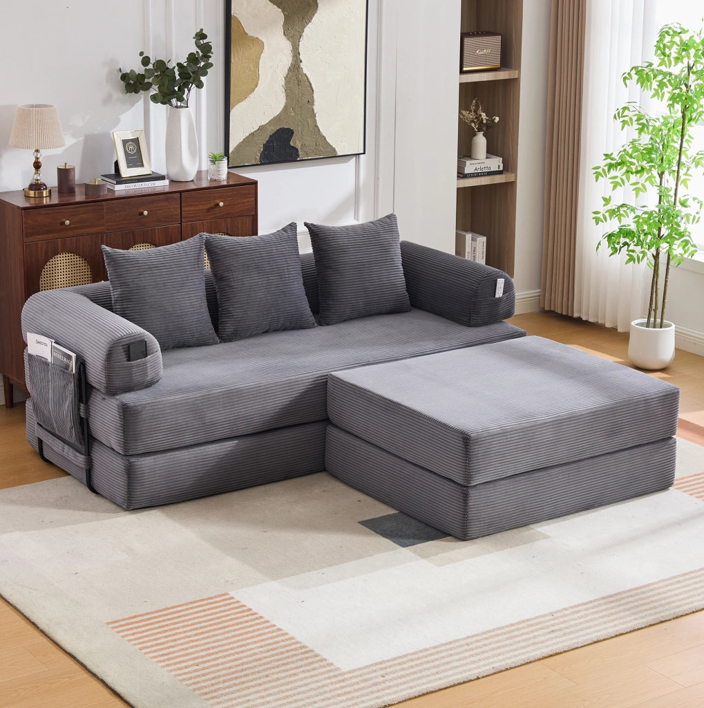 Divano modulare in velluto a coste con pouf grigio scuro