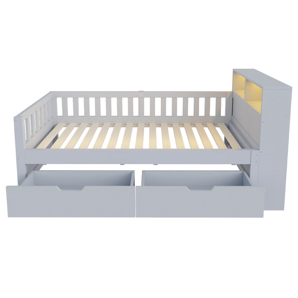Letto singolo 90 × 200 cm con cassetti, ripiani, illuminazione led, prese usb e type-c, senza materasso, grigio