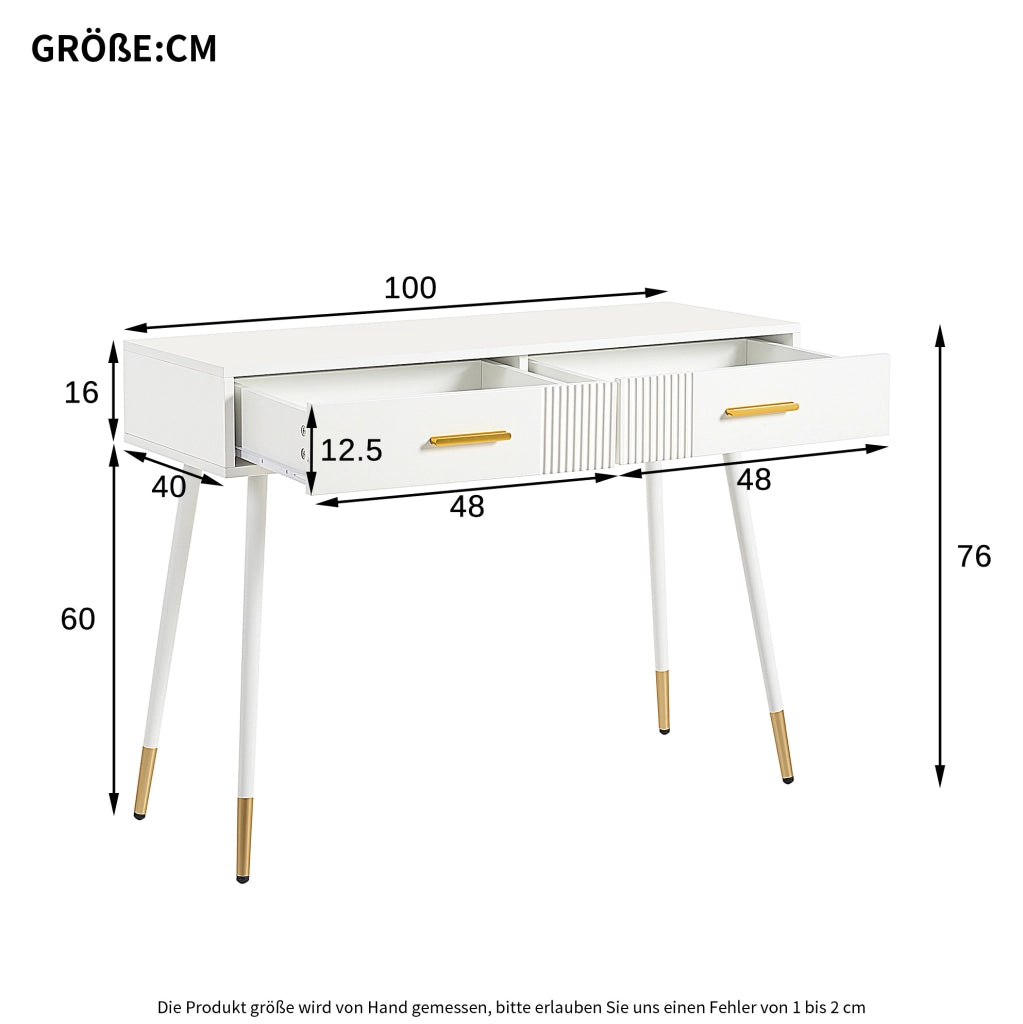 Tavolo da trucco e scrivania con 2 cassetti; 100x40x76 cm; MDF bianco