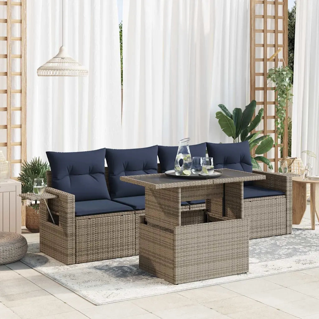 Set Divani da Giardino 5 pz con Cuscini Nero Polyrattan Acacia