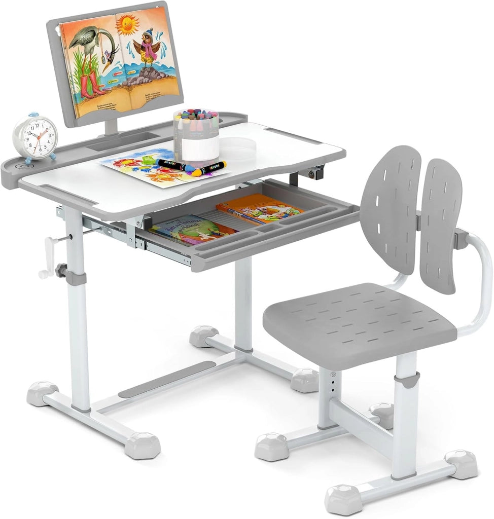 Set di Scrivania e Sedia per Bambini con Altezza Regolabile, Grigio | Banco Scuola con Piano Inclinabile, Supporto per Libri, Barra Poggiapiedi e Sedia Ergonomica per Scuola, Ufficio e Cameretta