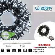 Trade Shop - Catena Luminosa 100led Lucciole Con Batteria Cavo Verde Luce Bianca Ip44 Xc-3539 -