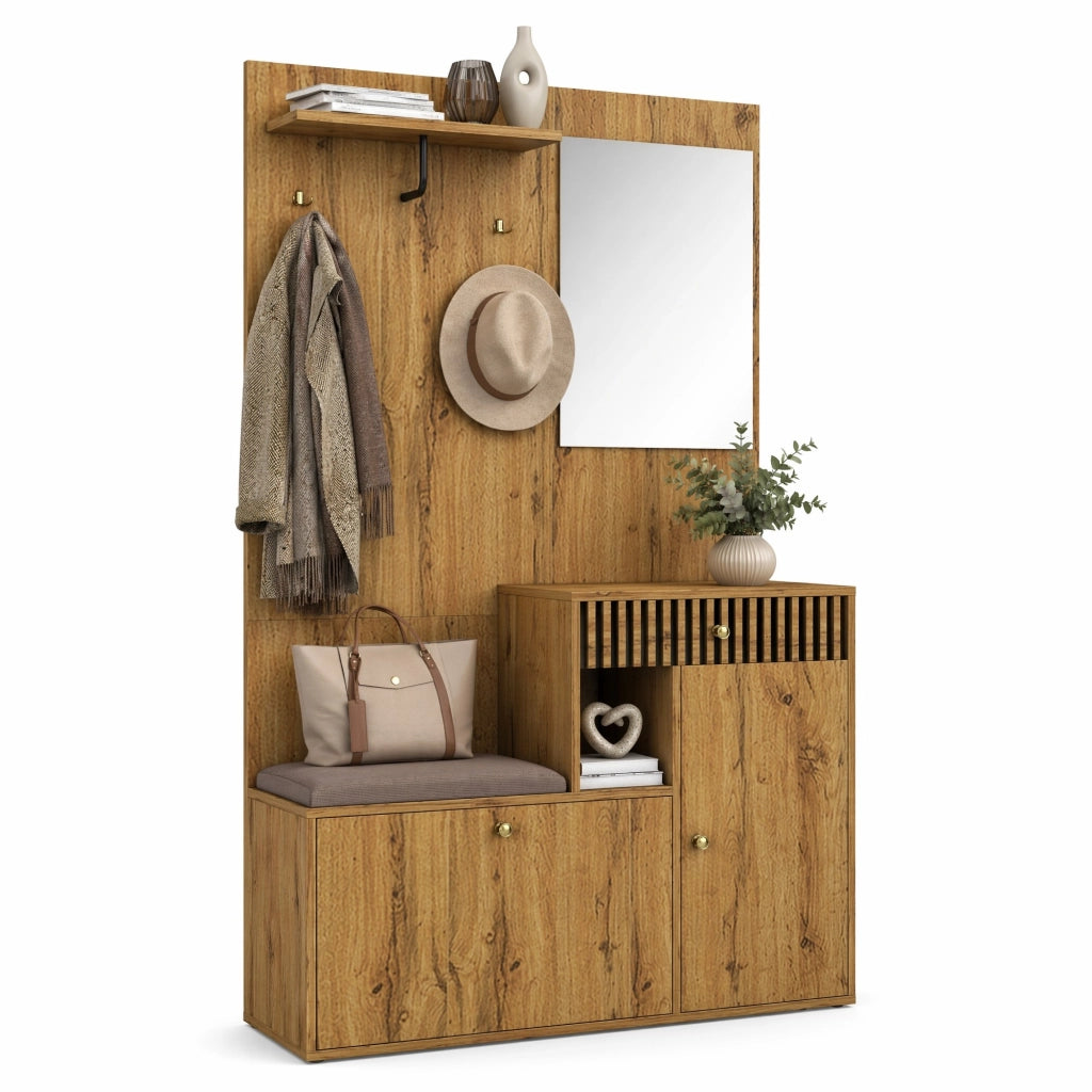 Mobile da ingresso con specchio 110x37x185，5 cm in MDF naturale e nero