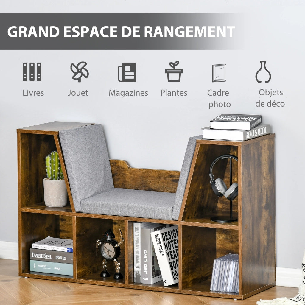 Libreria a cubi 6 scomparti con panca ¨C zephmum ¨C 102x30x61 cm, legno marrone rustico