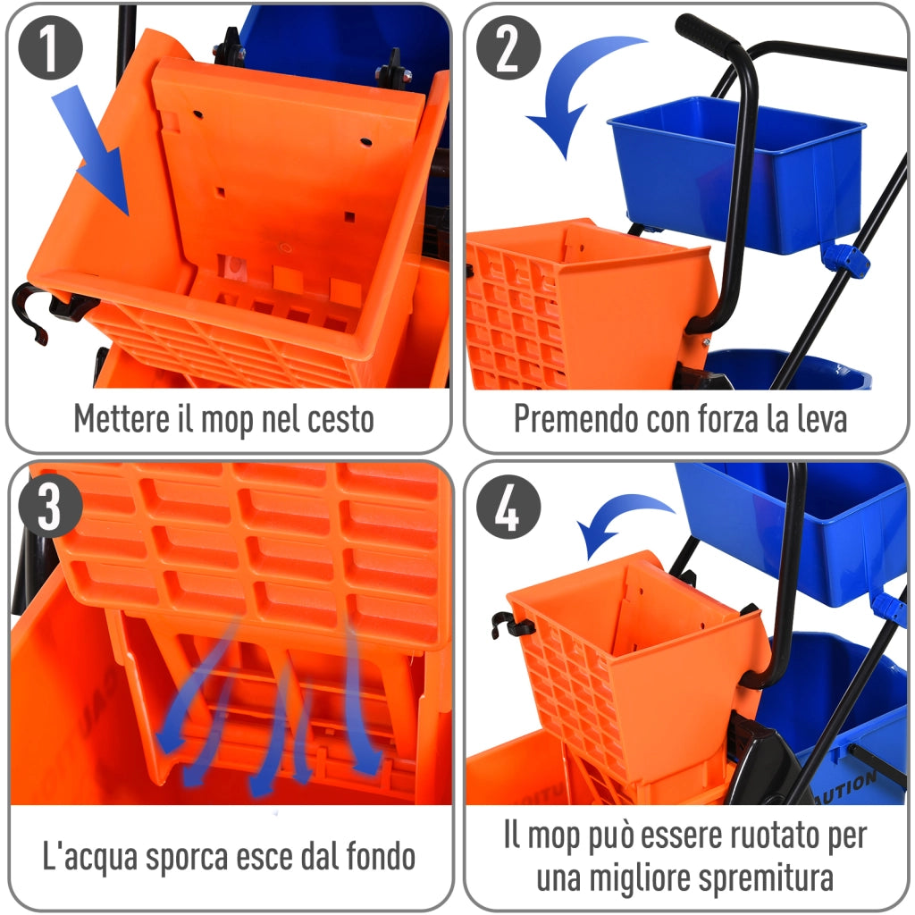 Carrello Pulizia Professionale 26L con 2 Secchi ¨C zephmum ¨C Arancio e Blu, Plastica e Metallo, 78x45x95 cm