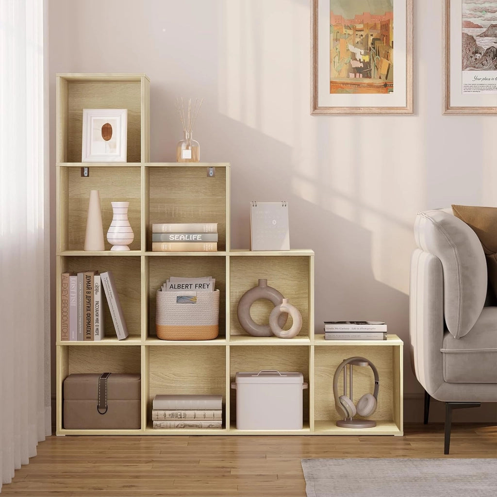 Scaffale per Libri, Scaffale per Scale Con 10 Cubi, Libreria in Legno Ingegnerizzato Rovere Chiaro, per Camera da Letto, Soggiorno, Studio, Ufficio, 120x30x120cm, SK062hei