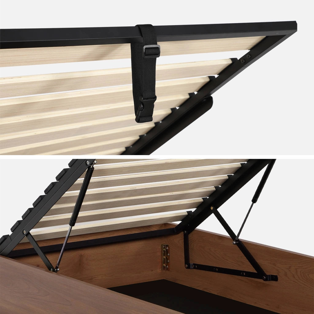 Letto contenitore con rete a doghe 90x190cm decorazione legno, noce