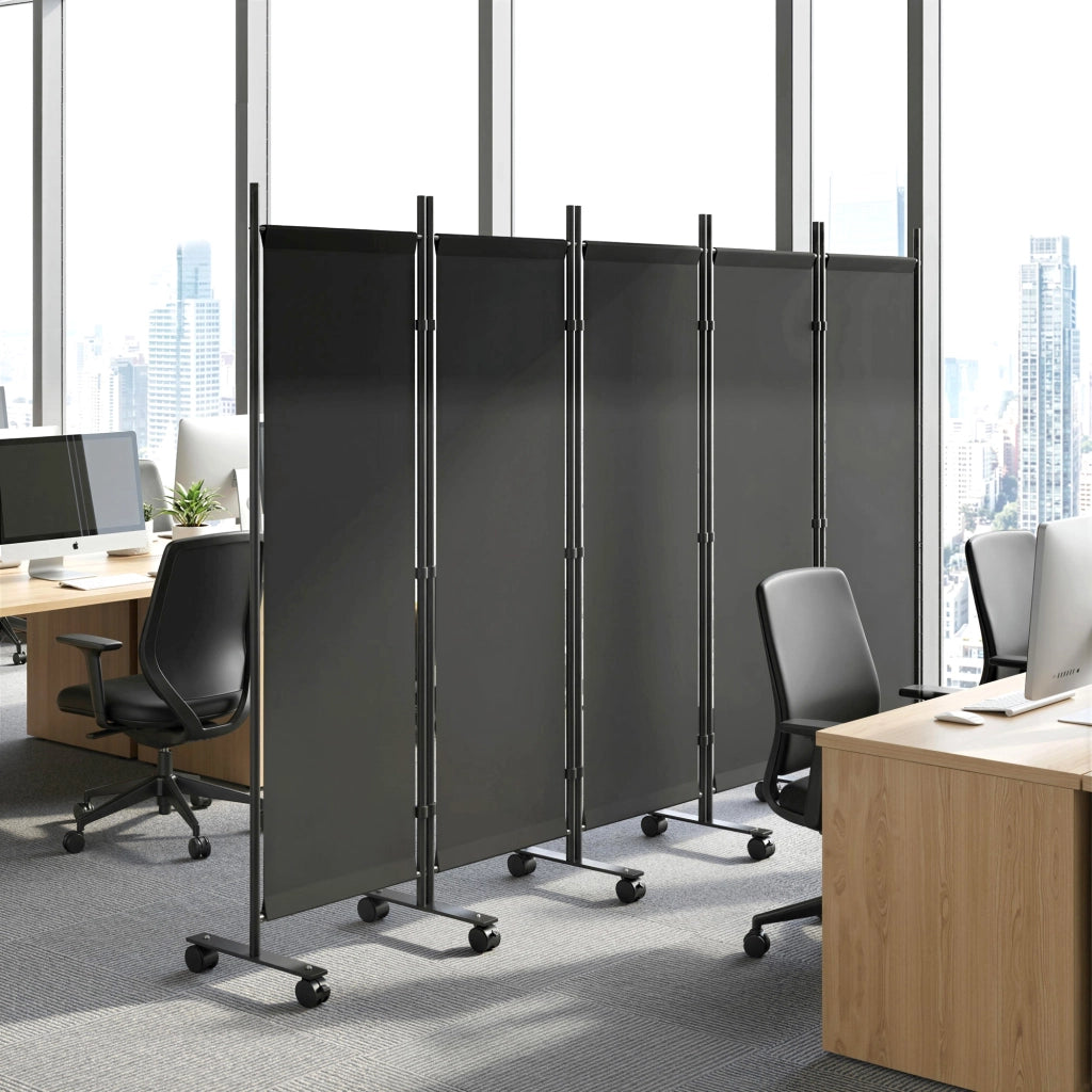 Divisorio Decorativo da Interno a 5 Pannelli 252x40x170 cm con 12 Ruote e Clip di Connessione in Acciaio Nero