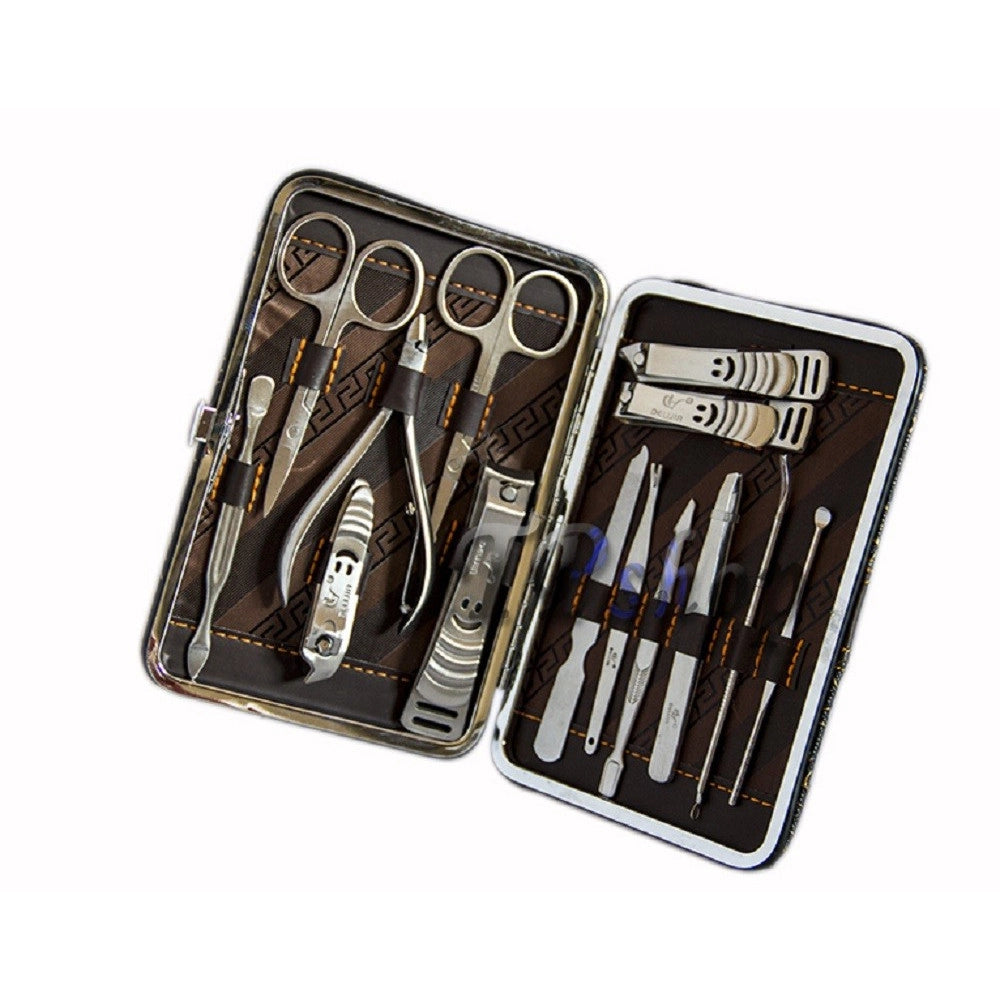 Trade Shop - Set Manicure Pedicure 14 Pezzi Professionale In Astuccio Forbici Tronchesina -