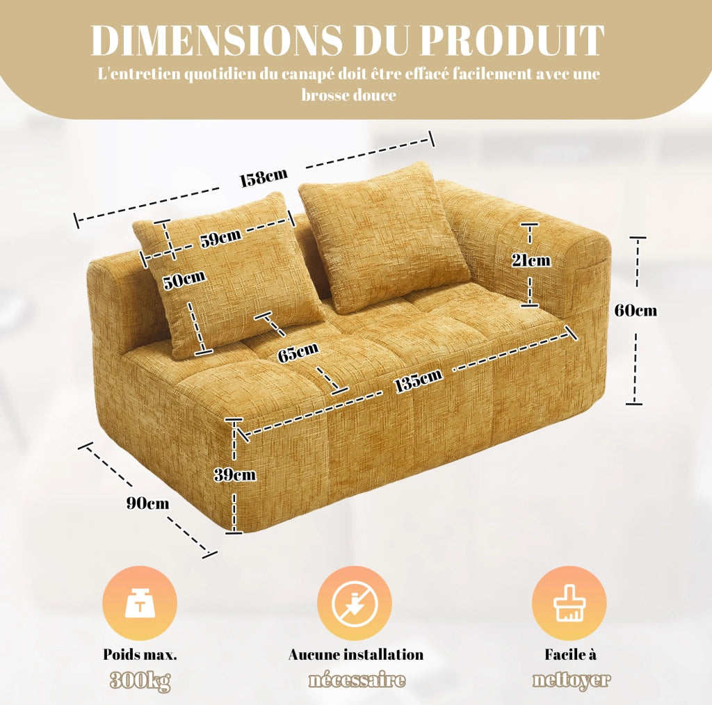 Divano 2 posti in tessuto chenille giallo con chaise longue, cuscino incluso e tasche laterali