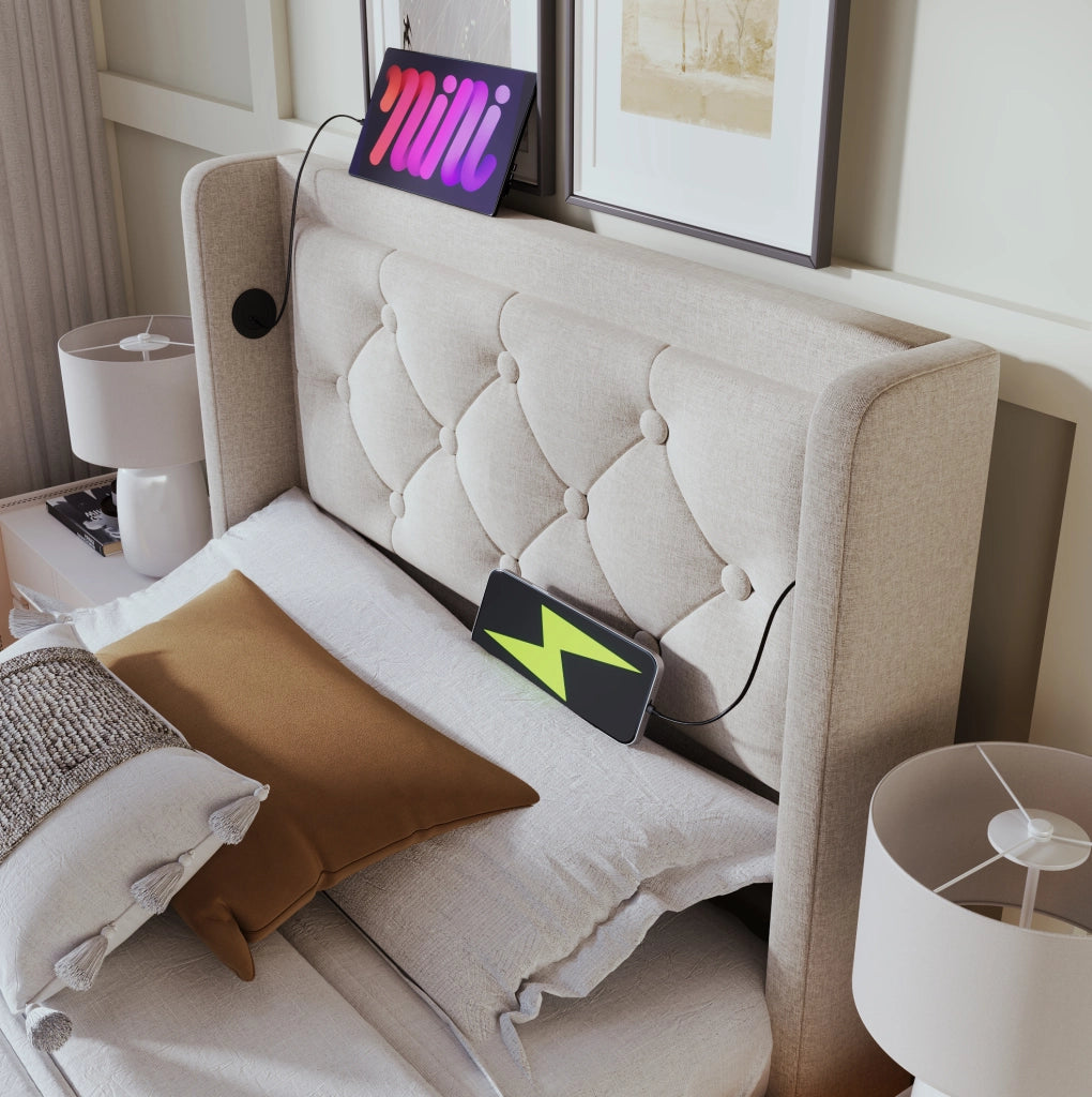 Letto singolo imbottito 90x200 cm in cotone beige con contenitore; USB Type-C e LED