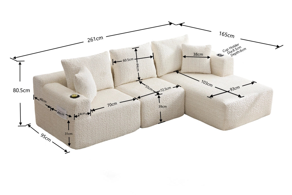 Divano Angolare 3 Posti con Chaise Longue ¨C MINIMAL ¨C Tessuto, 261x165x80.5 cm