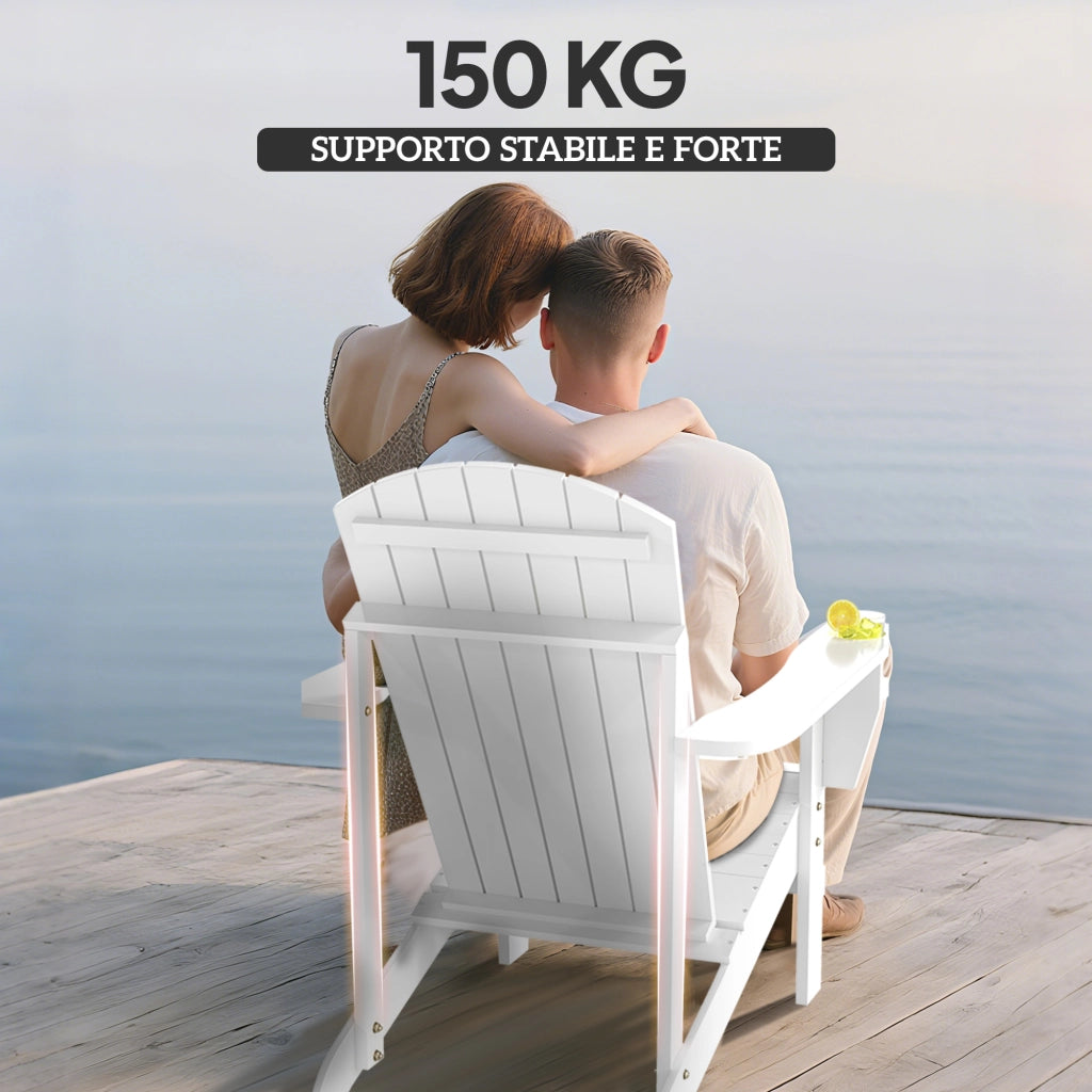 Sedia da Giardino Adirondack in Legno Bianco, Con Porta Bicchieri, Impermeabile e Anti-Muffa, 97x72.5x93cm