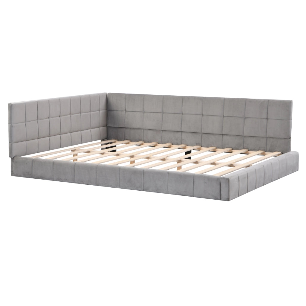 Letto da giorno imbottito 140x200 cm in tessuto con rete a doghe, design Mid-Century, grigio
