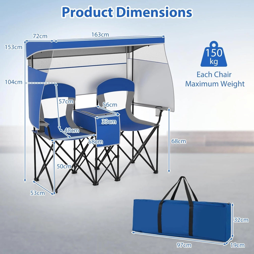 Set di 2 sedie da campeggio pieghevoli con tettuccio parasole, mini tavolo, borsa termica e porta bevande, sedia pieghevole per 2 persone, modello 2 blu scuro