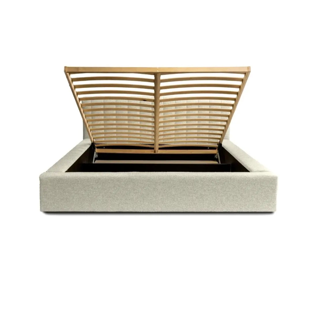 Letto contenitore CERVIN – Taupe sablé bouclé – 140x200 cm – Rete sollevabile – Design di alta gamma