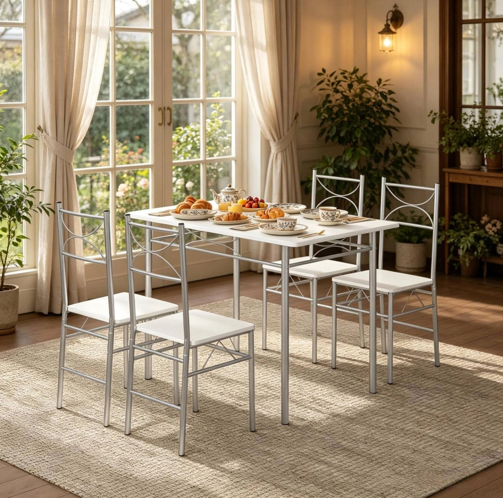 Set tavolo da pranzo con 4 sedie MDF e metallo bianco argento