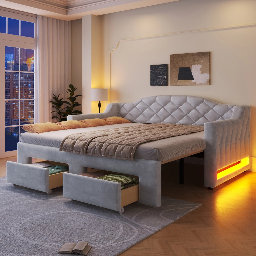 Letto Imbottito con Cassetti e LED ¨C MINIMAL ¨C Grigio, 90x200/180x200