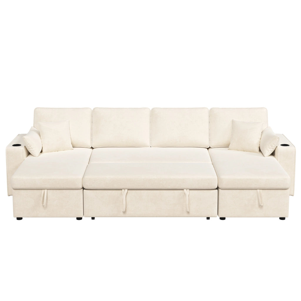 Divano Angolare con Funzione Letto ¨C MINIMAL ¨C Beige, Chaise Longue, Contenitore, USB