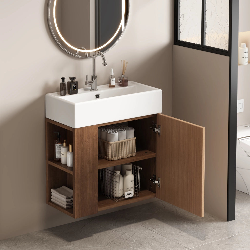 Armadietto da bagno con lavabo, ripiani laterali e chiusura ammortizzata, per bagno piccolo, marrone 69 × 52 × 32 cm