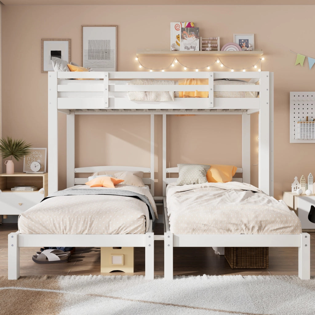 OKWISH Letto a Castello 90×200 cm, Letto 3 Posti con Scala Laterale e Sponda, senza Materasso, in Legno Massello, Bianco