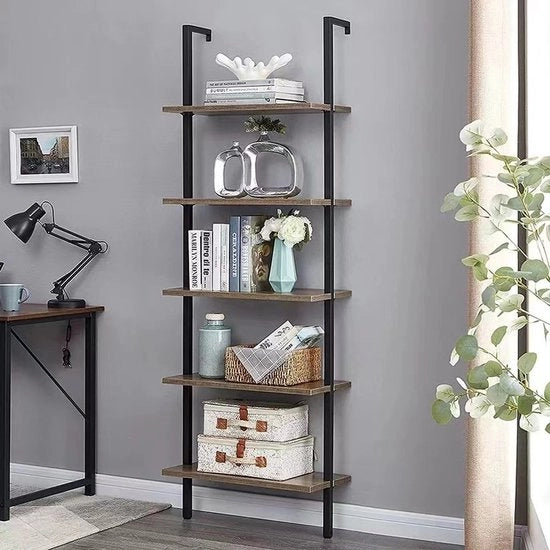 Rack decorativo per sala da pranzo camera da letto con struttura a più livelli e supporto laterale fino al soffitto.