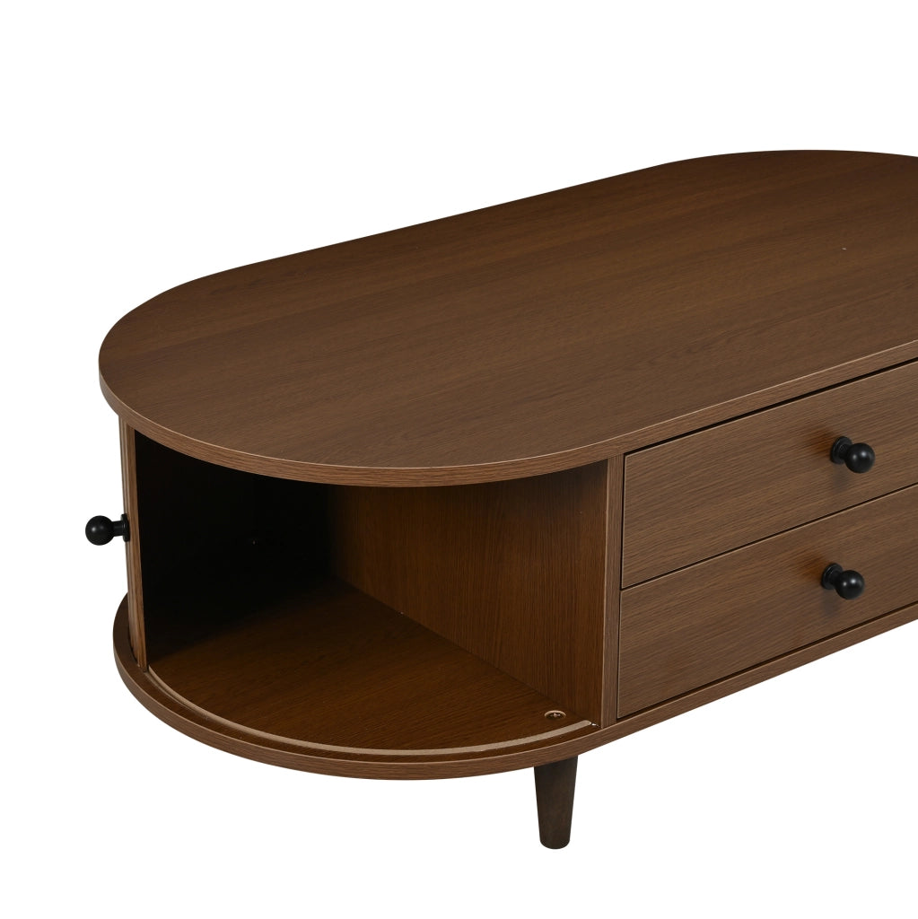 Tavolino da salotto rotondo 100x50x36 cm effetto noce; in MDF con 2 cassetti e ante scorrevoli