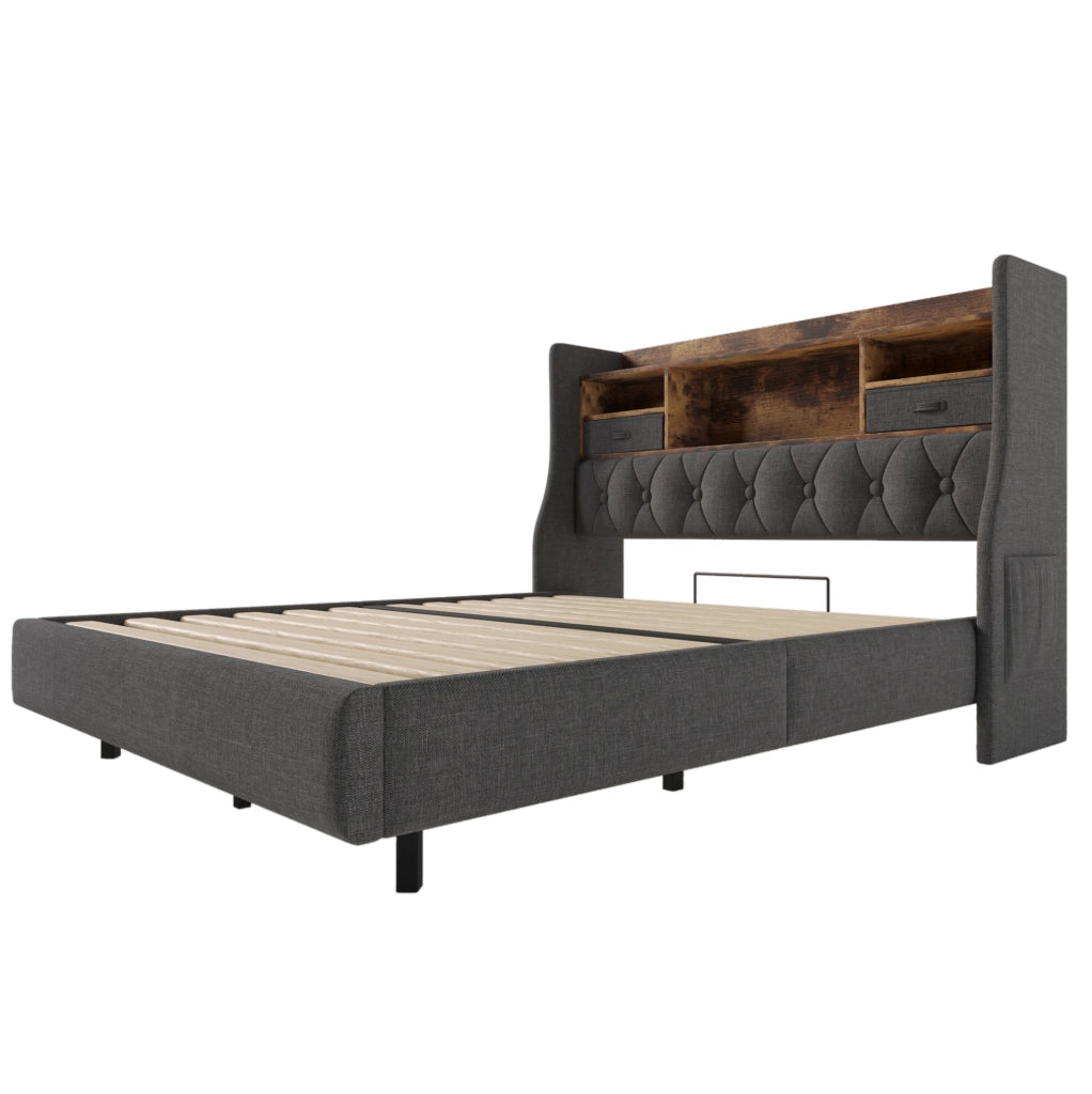Letto matrimoniale 160x200 cm in lino grigio con LED; prese USB e contenitore testiera