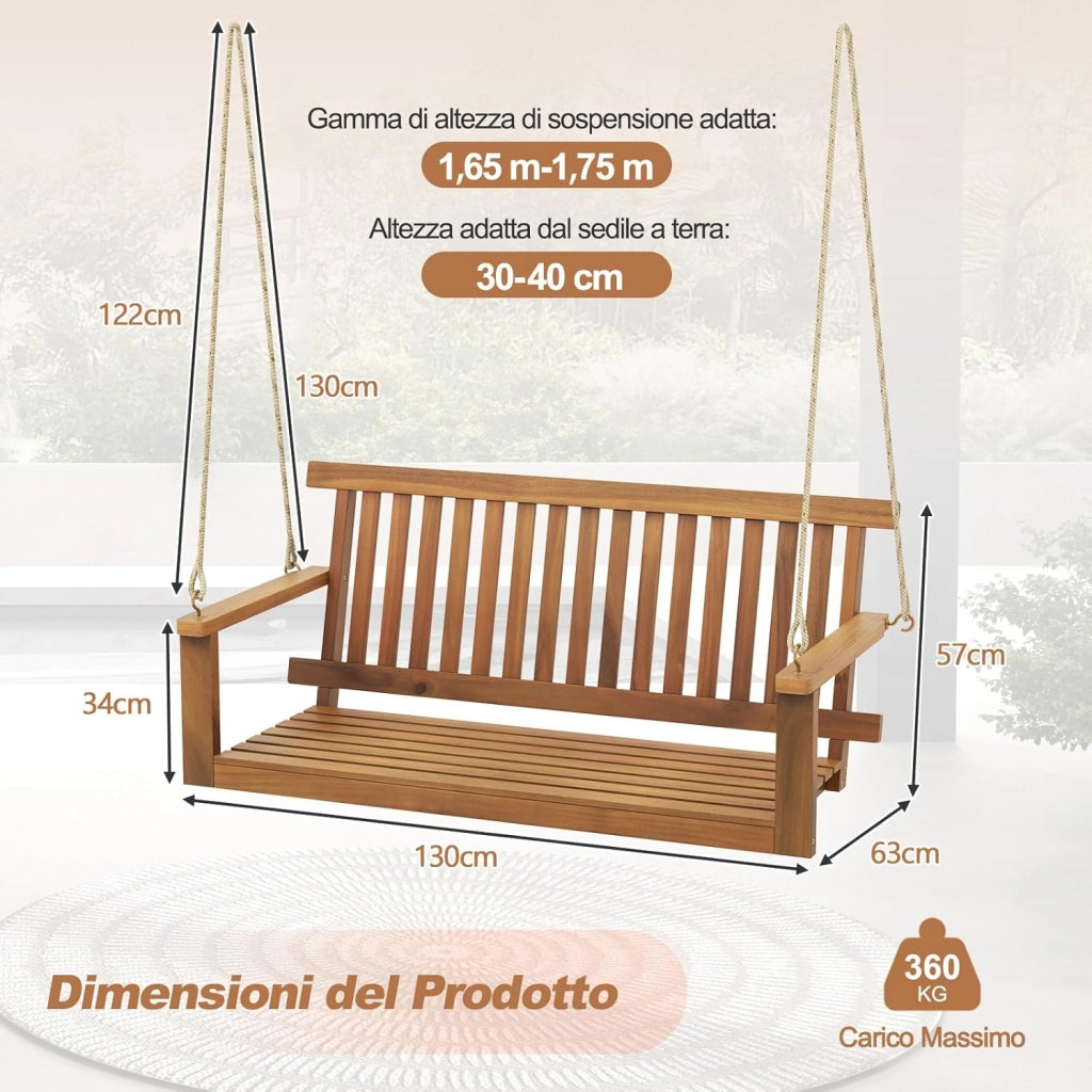 Altalena da Giardino in Legno di Acacia, Panchina Sospesa con 2 Posti, Sedia a Dondolo per Giardino, Sedia Sospesa con Schienale, Portata 360 kg, per Giardino Balcone Cortile