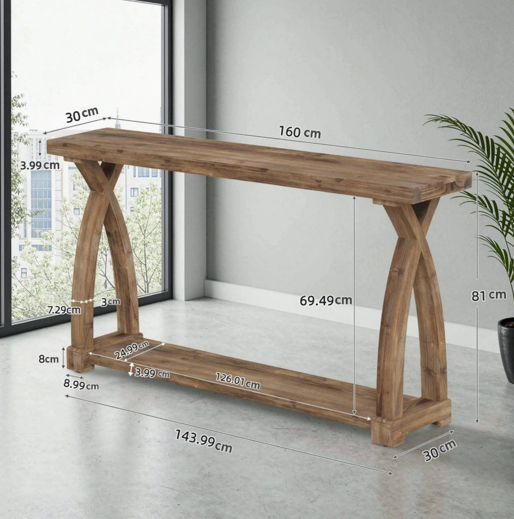 Tavolo consolle in legno marrone con ripiano inferiore; lunghezza 160 cm