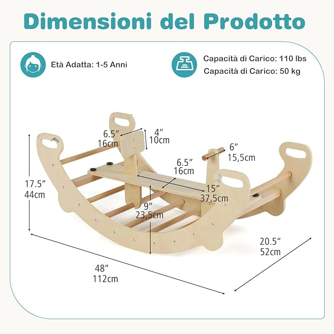 4 in 1 Arrampicata per Bambini, Arco Cavallo a Dondolo Multifunzionale in Legno, Dondolo a 35°, Ideale per Bambini 1-5 Anni, 112 x 52 x 44 cm (Naturale)