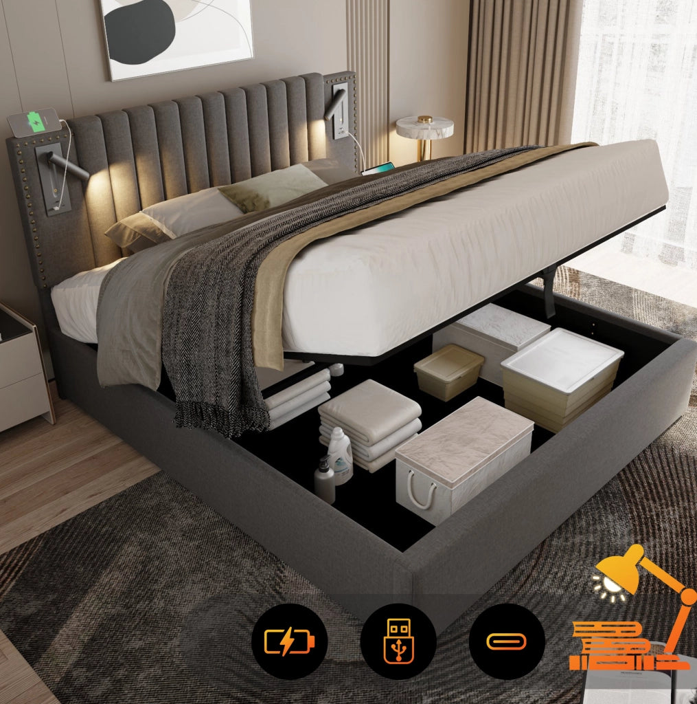 Letto matrimoniale 140x200 con contenitore, USB, luce e materasso