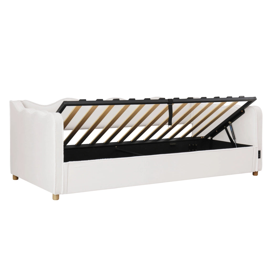 Letto imbottito 90x200 cm con contenitore idraulico, struttura con rete, velluto beige, USB e Type-C