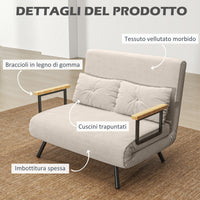 Divano Letto con Schienale Reclinabile e 2 Cuscini in Tessuto Effetto Velluto Bianco Crema