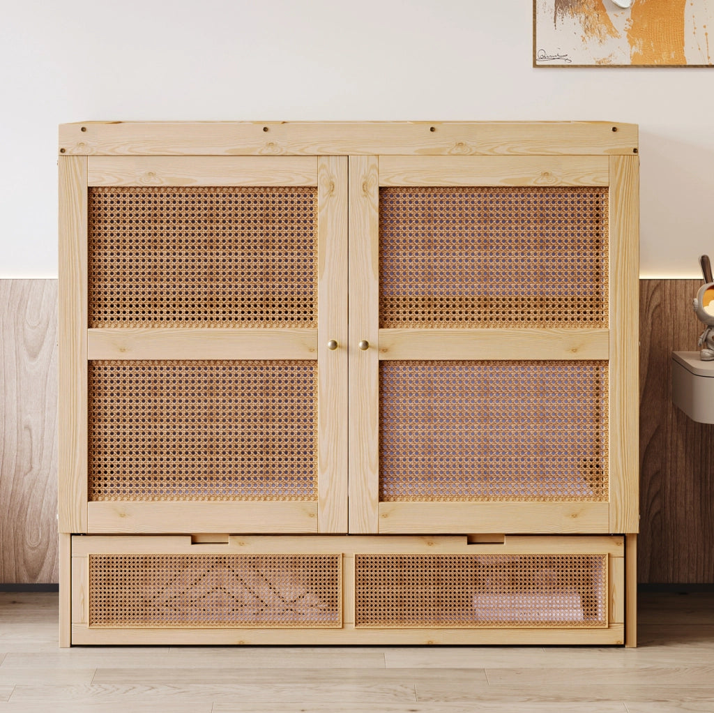 Letto a scomparsa 140x200 cm con cassetti e rattan