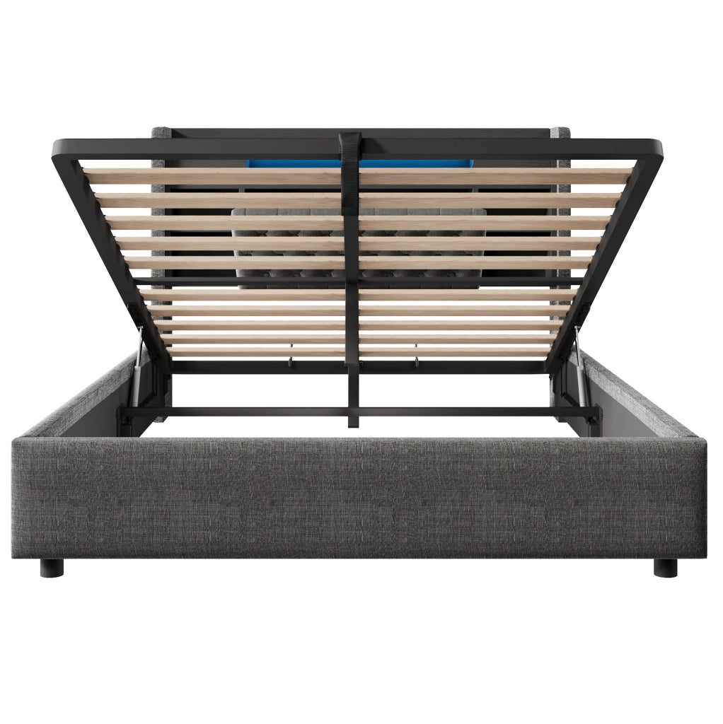 Letto matrimoniale 140x200 cm con contenitore idraulico; LED; USB e USB-C; grigio in lino