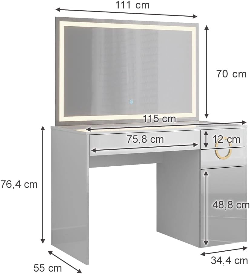 Tavolo da toeletta Adela, Bianco, 115 cm con specchio a LED, Funziona anche come postazione di lavoro elegante