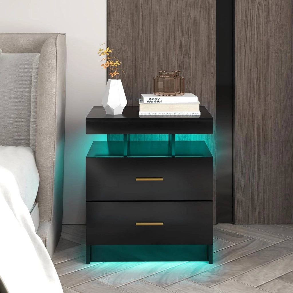 Comodino con Luci LED 50x40x58cm, Tavolino Camera da Letto Moderno con 2 Cassetti, Mobile Cameratta con Telecomando per Soggiorno e Ufficio (Nero)