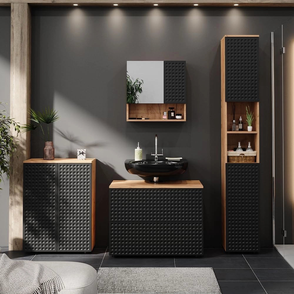 Set mobili bagno Irma, Antracite puntinato, 4 pezzi, con cassettiera e mobile midi