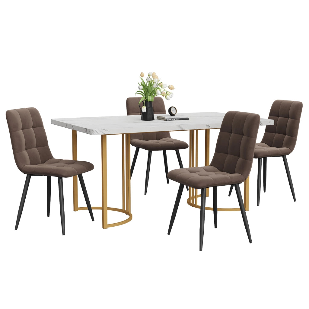 Tavolo da pranzo con 4 sedie, piano in MDF effetto marmo e gambe in metallo, cucina e sala da pranzo, bianco, 140 × 80 cm