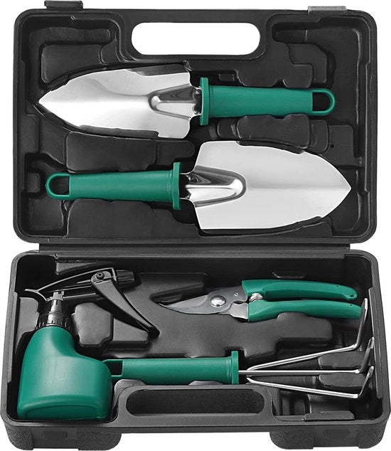 Set di attrezzi da giardino 5 pezzi: leggero e in acciaio inossidabile - Ideale come regalo con rastrello e annaffiatoio.