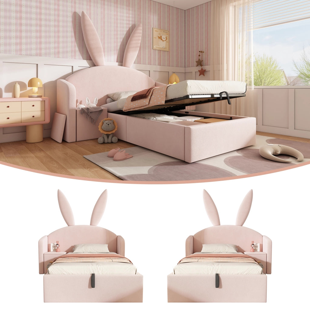 Letto imbottito con vano contenitore 90x200 cm velluto rosa