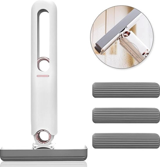 Mini-dweil portatile, mini-dweil con funzione di asciugatura a mano, dweil con funzione di spremitura, accessori di pulizia domestica per finestre, pavimento, parete, pavimento in piastrelle, auto (manico e 3 testine di spugna)