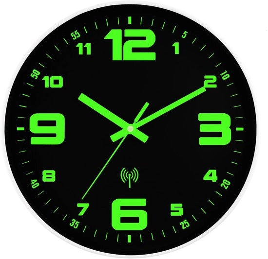Orologio da parete illuminante a controllo radio, silenzioso, senza tic, 30 cm, luce notturna Orologi da parete a controllo radio, alimentati da batterie, con illuminazione in vetro, decorativo per cucina, casa, camera da letto