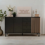 Madia moderna 3 ante e 4 cassetti nero con listelli rovere Monza 51C 160x40x90H