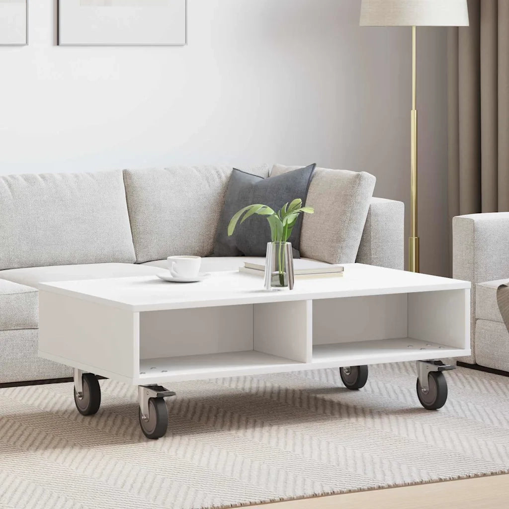 Tavolino con Ruote Bianco 90 x 50 x 30 cm Legno multistrato