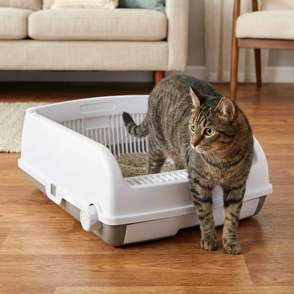 Lettiera per gatti semi-automatica tetto aperto antischizzo vassoio cassetto-Toilette per gatti paletta scorrevole pedale filtra sabbia fino a 10 kg