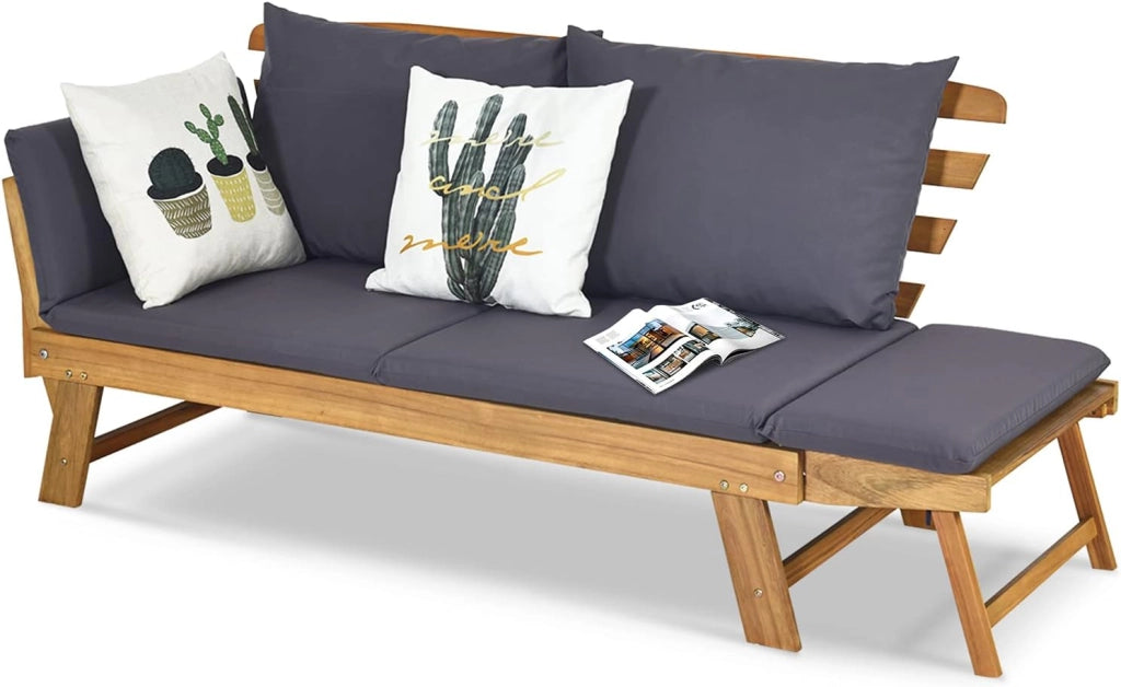 Divano Esterno Giardino 2 Posti, 2 in 1 con Cuscino Morbido, Divanetto da Esterno in Legno di Acacia con Braccioli Regolabili, Sdraio per Terrazza e Cortile, 198/157 x 75 x 75 cm (Grigio)