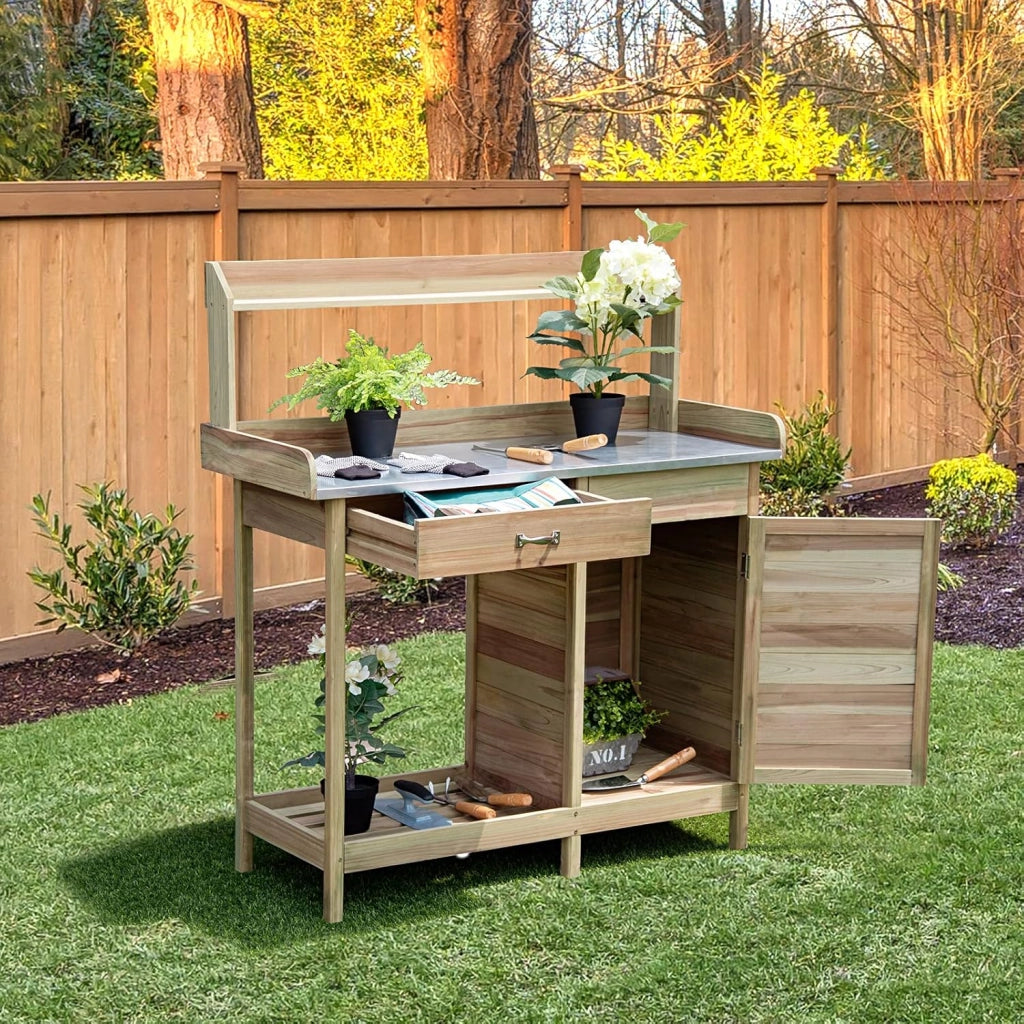 Tavolo Lavoro per Giardinaggio per Piante in Legno di Abete, Banco da Giardino con Cassetto, Armadietto, Mensola Aperta e 3 Ganci, Tavolo di Giardinaggio, 112 x 46 x 125 cm, Naturale
