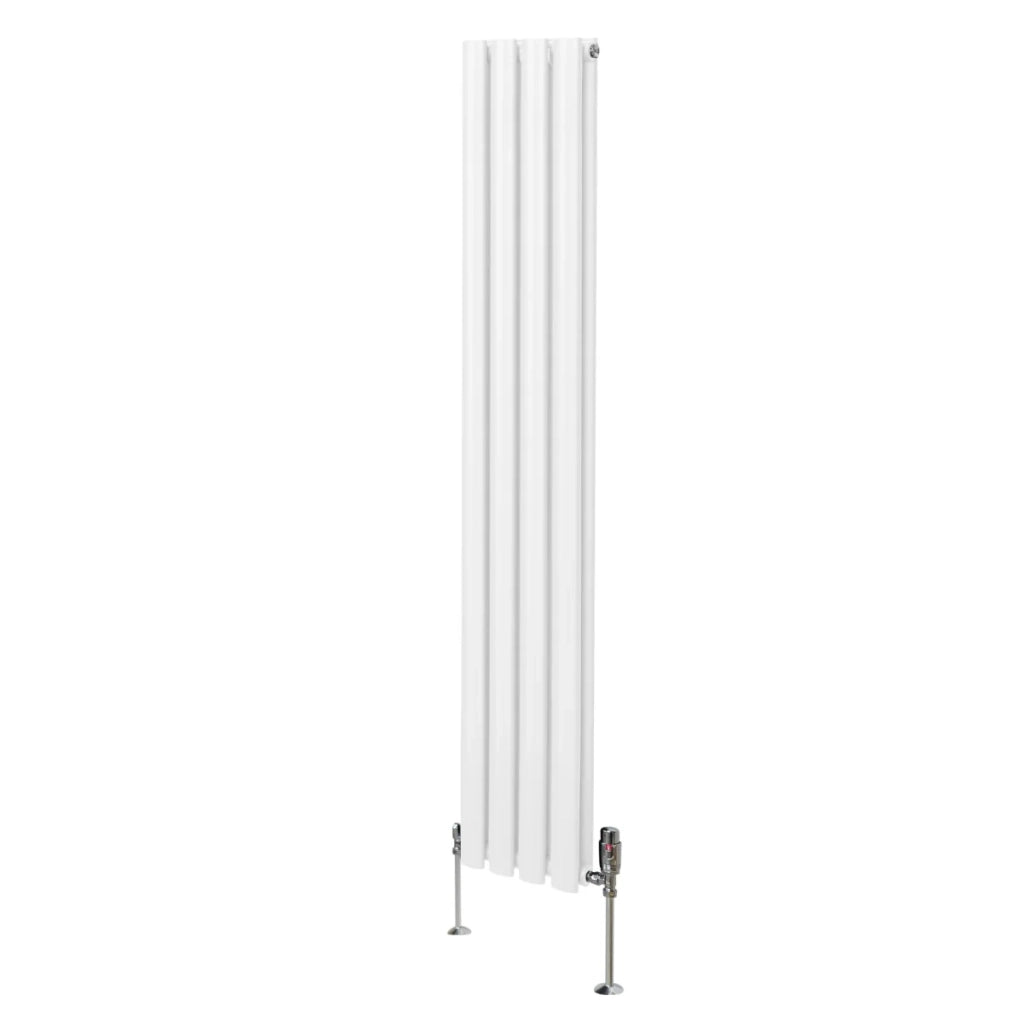Radiatore a colonna ovale e valvole cromate TRV Designer bianco 1600mm x 240mm